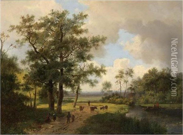 A Summer Landscape With Peasants On A Sandy Track Oil Painting - Marianus Adrianus Koekkoek