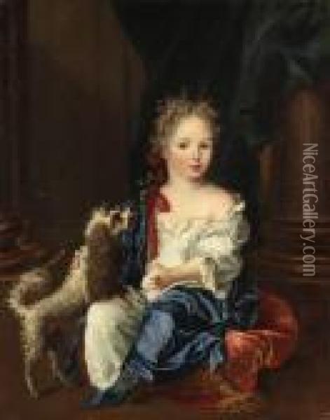 Portrait Of A Girl With A Poodle, Full-length, Seated, In A Whitechemise And Blue Shawl Oil Painting - Nicolas de Largillierre