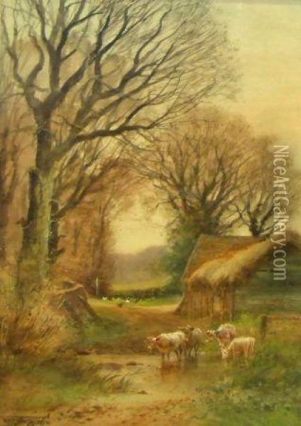 Cattle Watering By A Barn Oil Painting - Henry Charles Fox