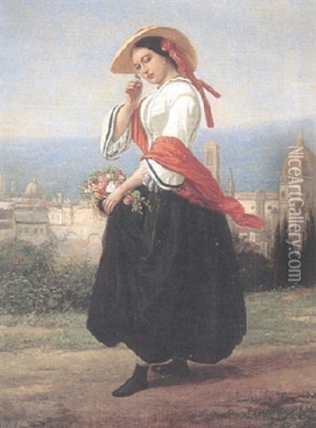 Ung Kvinna Med Blomsterkorg, Utsikt Over Florens Oil Painting - Charles Augustin Wauters