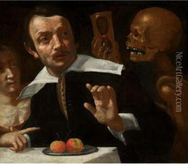 A Vanitas Scene With Death 
Holding An Hour Glass Behind A Startled Man, ('death At The Table') Oil Painting - Giovanni Martinelli
