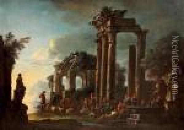 Bergers Au Repos Dans Des Ruines Antiques Oil Painting - Giovanni Ghisolfi