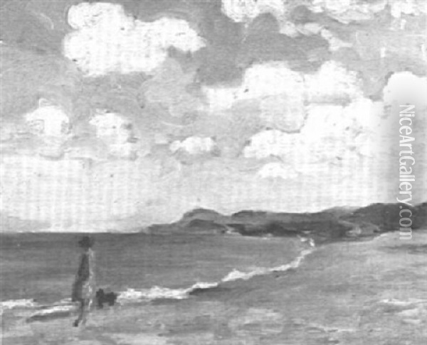A Sandy Beach With A Figure And A Dog Oil Painting - Alexander Jamieson
