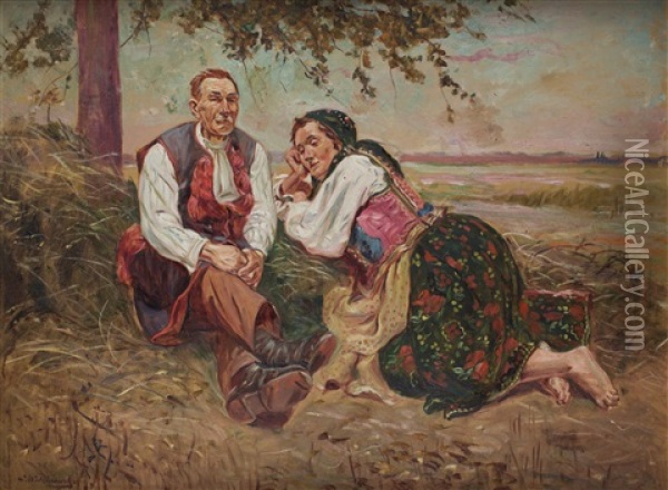 Odpoczywajaca Para Oil Painting - Wincenty Wodzinowski