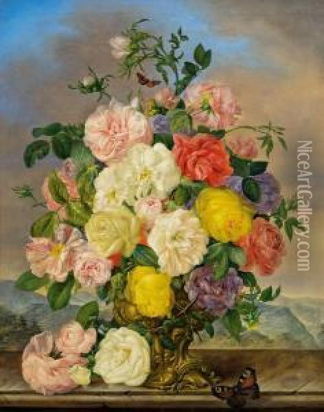 Blumenstilleben Mit Rosen Und Schmetterlingen Vor Einerlandschaft Oil Painting - Franz Xaver Petter