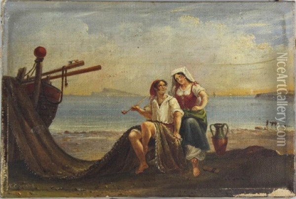 Fisherman And Wife By The Shore Oil Painting - Nicolino V. Calyo