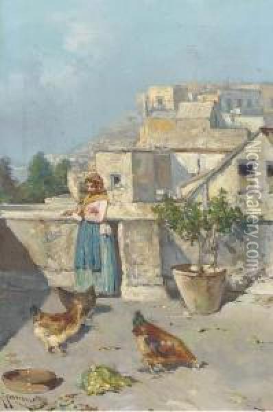 A Neapolitan Girl Feeding The Chickens Oil Painting - Giuseppe Giardiello