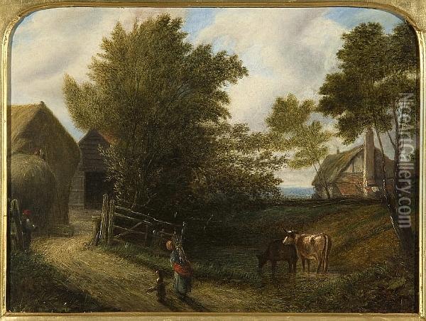 Rural Scene With Farmstead, Cattle And Figures Carrying Firewood Oil Painting - Joseph Thors
