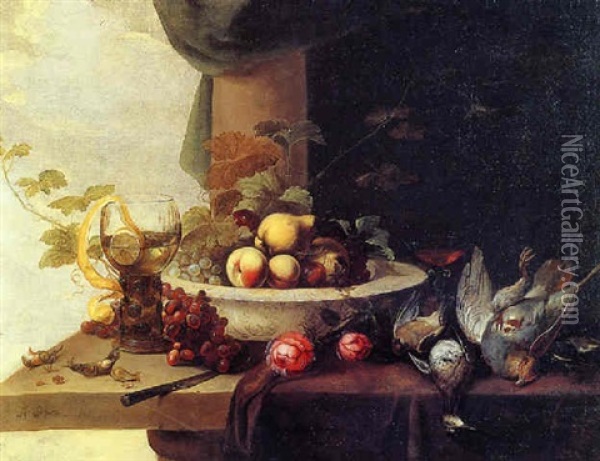 Fruit In A Porcelain Bowl, A Peeled Lemon In A Roemer, A Wine Glass, A Knife, Roses, Grapes And Dead Birds On A Ledge Oil Painting - Michiel Simons