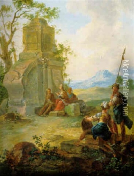 Soldiers And Peasants By A Ruined Monument, A Landscape Beyond Oil Painting - Franz de Paula Ferg
