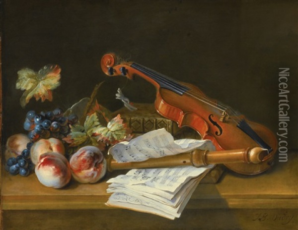 Still Life With A Violin, A Recorder, Books, A Portfolio Of Sheet Of Music, Peaches And Grapes On A Table Top Oil Painting - Jean-Baptiste Oudry