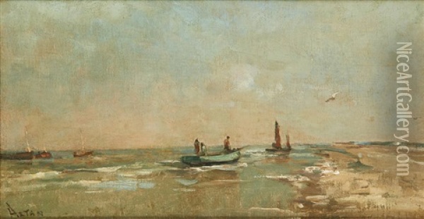 Barque De Peche En Bord De Mer Oil Painting - Louis Artan De Saint-Martin