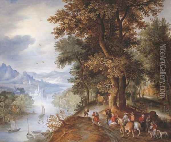 An extensive mountainous river landscape with horsemen and figures returning from the falconry, villages in the valley beyond Oil Painting - Jan The Elder Brueghel