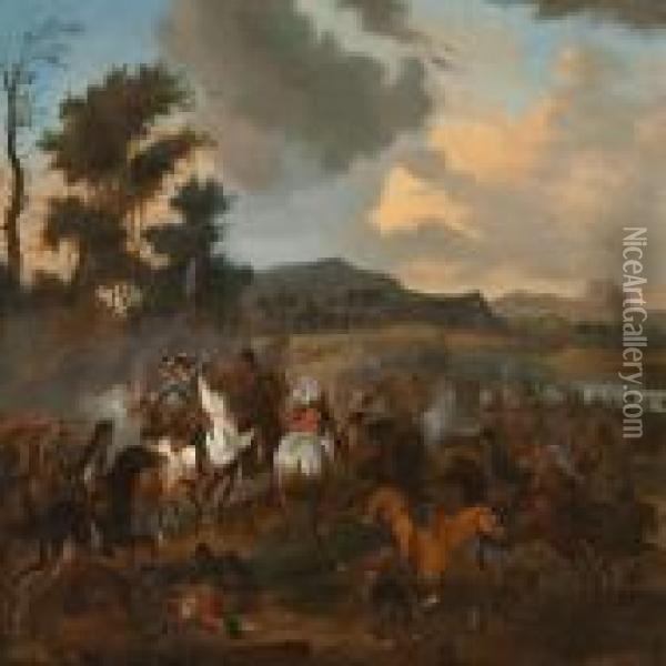 Hilly Landscape With A Battle Scene Oil Painting - Karel Van Breydel (Le Chevalier)