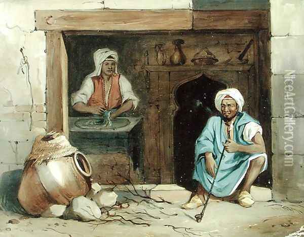 An Egyptian Woman Making Cadaifs, c.1848 Oil Painting - Emile Prisse d'Avennes