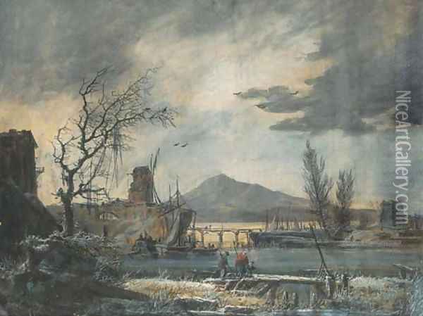 A harbour seen in winter, under a stormy sky Oil Painting - Alexandre-Jean Noel