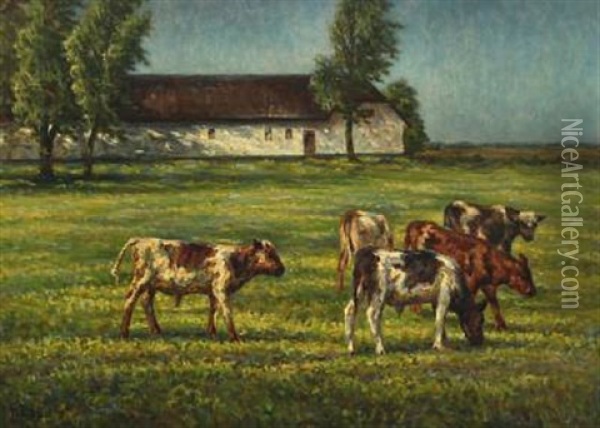 Farm Scenery With Grazing Cattle Oil Painting - Niels Pedersen Mols