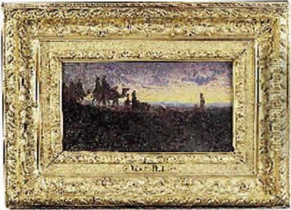 Chameaux Au Soleil Couchant Oil Painting - Ch. Theodore, Bey Frere