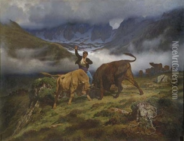Le Combat, Souvenir Des Pyrenees Oil Painting - Auguste (Francois Auguste) Bonheur