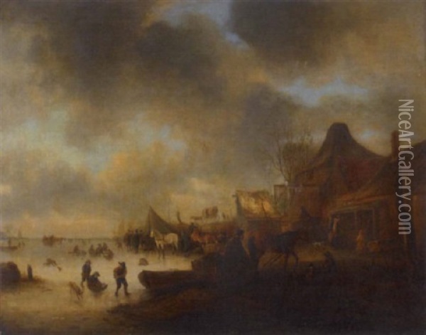 A Winter Landscape With A Village And Children Playing On The Ice In The Foreground Oil Painting - Cornelis Beelt