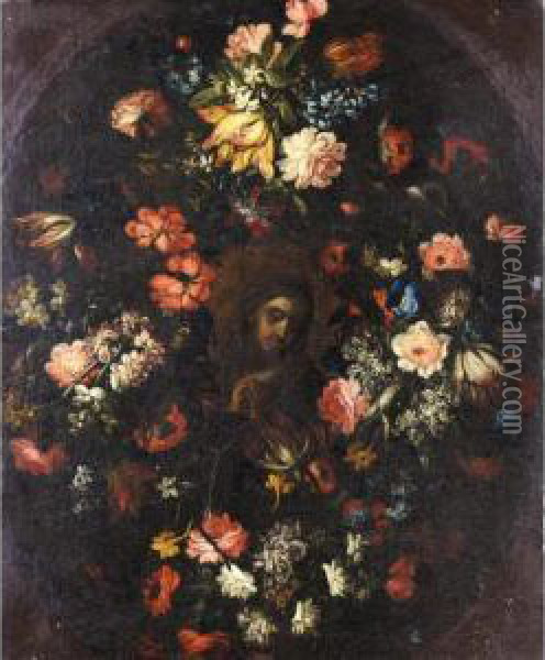 The Madonna Surrounded By A Garland Of Flowers Oil Painting - Pier Francesco Cittadini Il Milanese