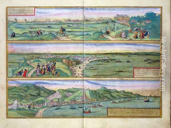Map of Seville Cadiz and Malaga from Civitates Orbis Terrarum Oil Painting - Joris Hoefnagel