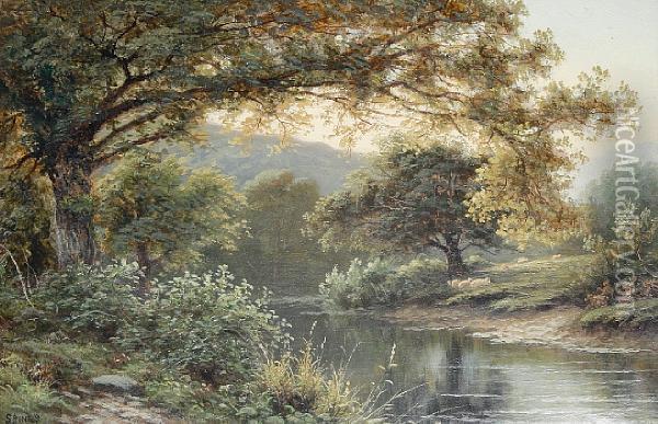 Sheep Grazing By A Riverbank; An Angler By Astream, A Pair Oil Painting - Thomas Spinks