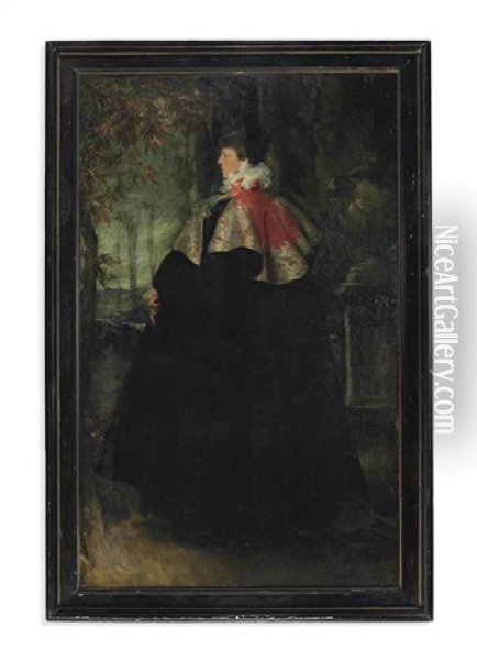 Portrait Of Mrs Ian Hamilton, Later Lady Hamilton, Standing Full-length, In A Black Worth Cloak With A Pink Collar, On A Terrace Oil Painting - Charles Wellington Furse