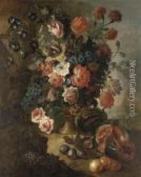 Tulips, Carnations, Peonies And 
Other Flowers In An Urn, Withplums, Peaches And A Watermelon In A 
Landscape Oil Painting - Pieter III Casteels