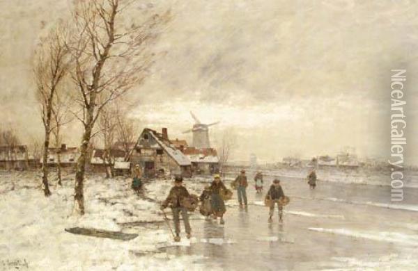 A Winter Landscape With Figures On A Frozen Waterway Oil Painting - Johann Jungblutt
