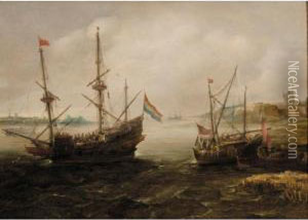 A Dutch Warship At Anchor In An Estuary, Another Small Vessel Nearby Oil Painting - Abraham de Verwer