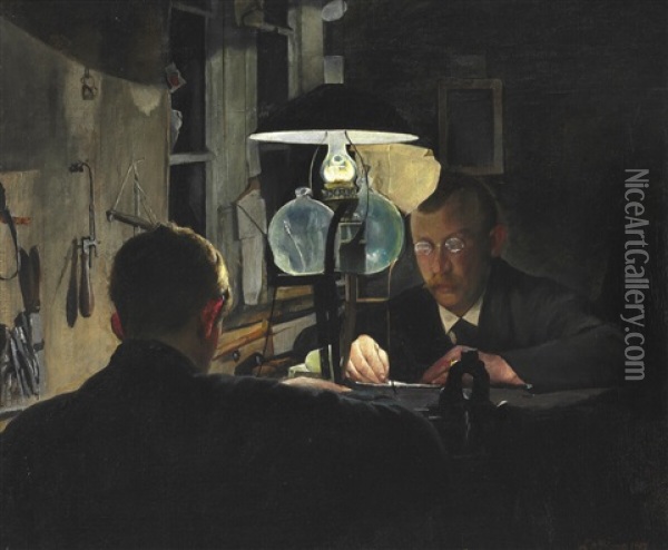 A Goldsmith's Workshop Oil Painting - Laurits Andersen Ring