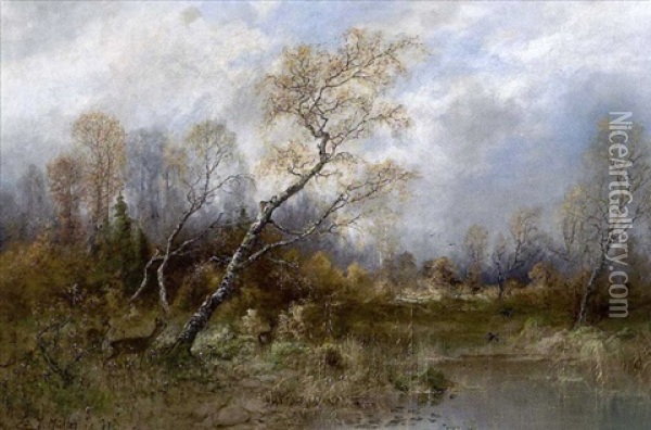 Herbstwald Mit Rehwild Am Ufer Oil Painting - Eduard Josef Mueller