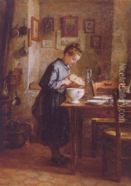 Cutting Bread Oil Painting - Pierre Edouard Frere
