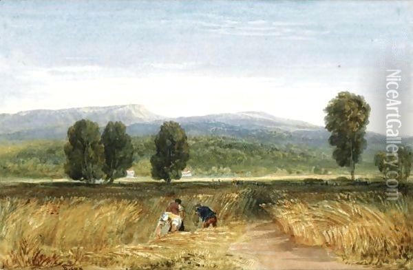 Harvesters In A Welsh Valley Oil Painting - David Cox