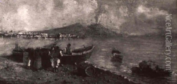 Naples Bay With Vesuvius Erupting In Distance Oil Painting - Attilio Pratella
