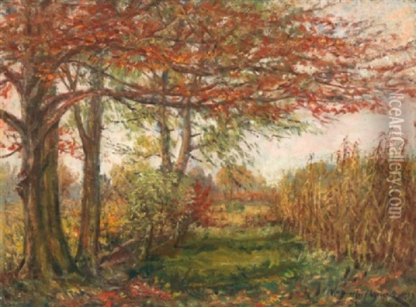 Cornstalks In A Fall Landscape Oil Painting - William Bradford Green