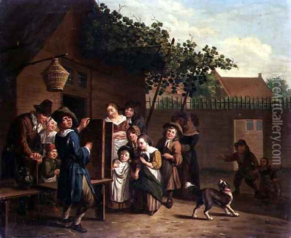 Children Watching a Peep Show in a Village Courtyard Oil Painting - Jan Jozef, the Younger Horemans