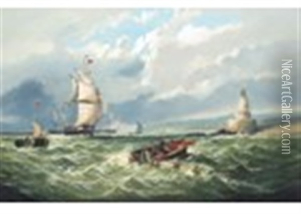 Ships By A Lighthouse With A Boat Recovering A Broken Mast Oil Painting - William (of Ramsgate) Broome
