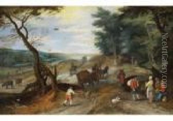 Waldige Landschaft Mit Bauern Und Schweinehirt Oil Painting - Jan Brueghel the Younger