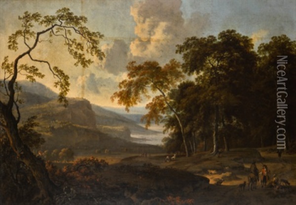 Wooded Landscape With Travellers Resting On A Path, A Distant River Landscape Beyond Oil Painting - Jan Wijnants