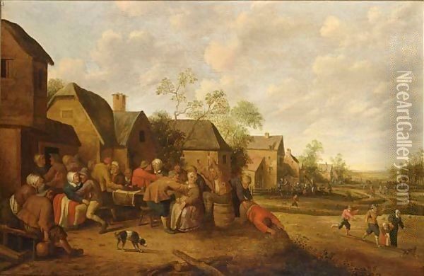 A Village Street With Peasants Drinking Outside An Inn Oil Painting - Joost Cornelisz. Droochsloot