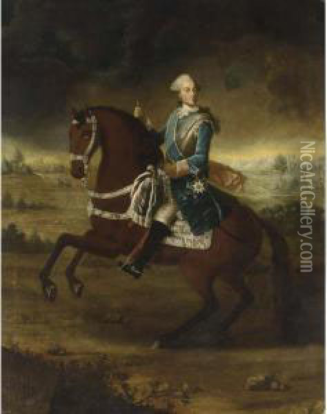 An Equastrian Portrait Of 
Kurfurst Maximilian Joseph Iii (1727-1777), Wearing The Order Of The 
Garter, A View Of Munich In The Background Oil Painting - Antonio Gianlisi The Younger