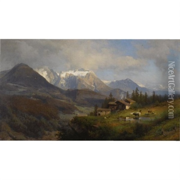 An Alpine Village Oil Painting - Hermann Herzog