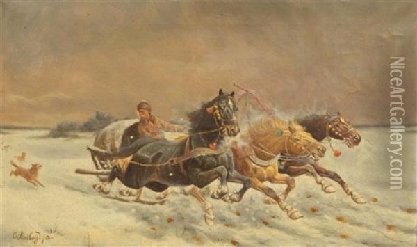 Horse-drawn Sleigh In A Winter Landscape Oil Painting - Adolf (Constantin) Baumgartner-Stoiloff