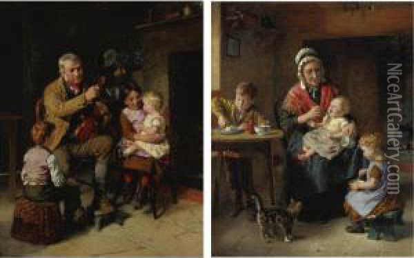 Grandfather's Recital And Grandmother's Charges: A Pair Oil Painting - William Hemsley