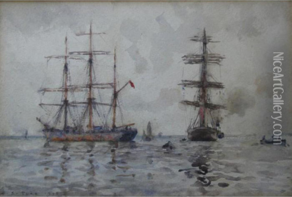 Vessels Becalmed Oil Painting - Henry Scott Tuke