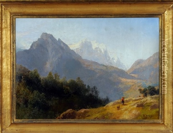 Mountain Landscape With Figure And Dog Oil Painting - Hermann Herzog