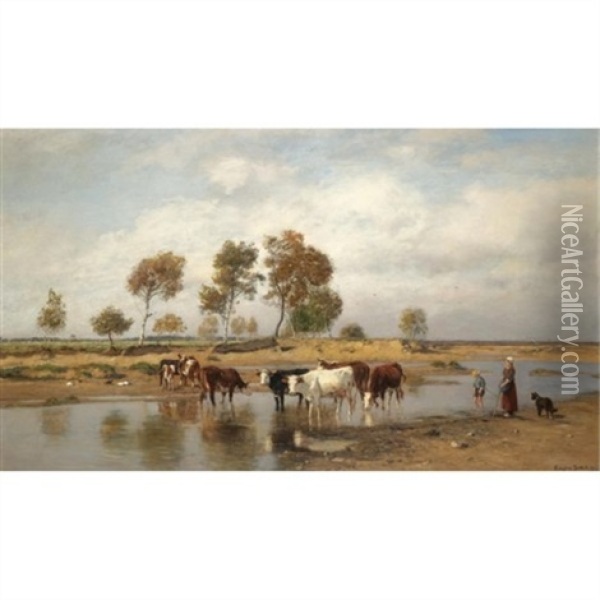 Kuhe An Der Tranke (cows At The Watering Place) Oil Painting - Eugen Jettel
