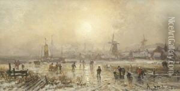 Eisvergnugen In Hollandischer
 Winterlandschaft. Oil Painting - Adolf Stademann